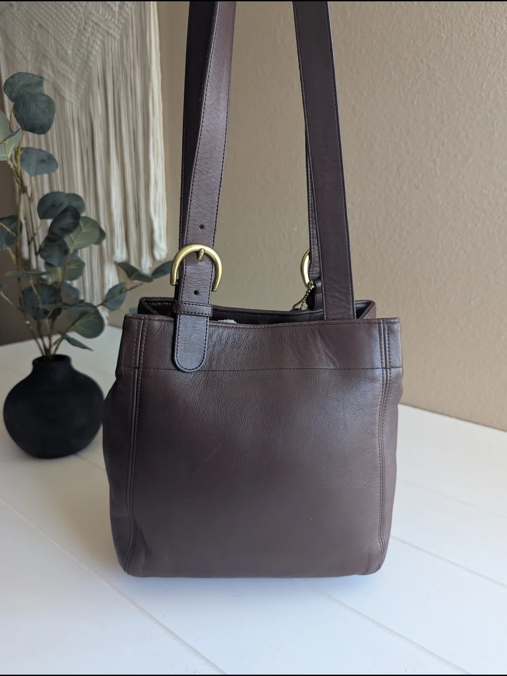Coach Chocolate Brown Leather Shoulder Bag with Gold-Tone Hardware